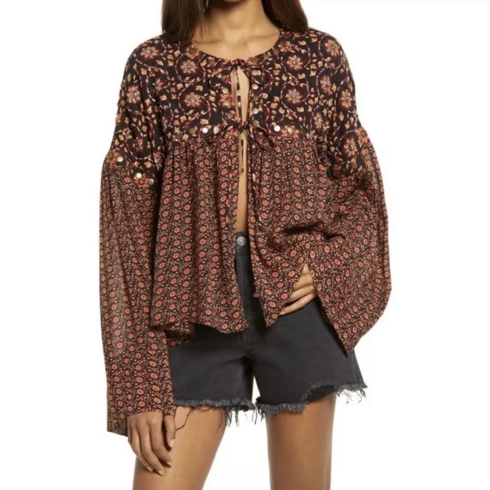 Free People Women's Malia Babydoll Jacket Top in Black Combo size L - NWT